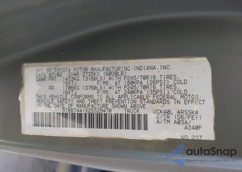 2002 Toyota Tundra Sr5 V8 from USA, damaged, VIN 5TBBT441X2S329470